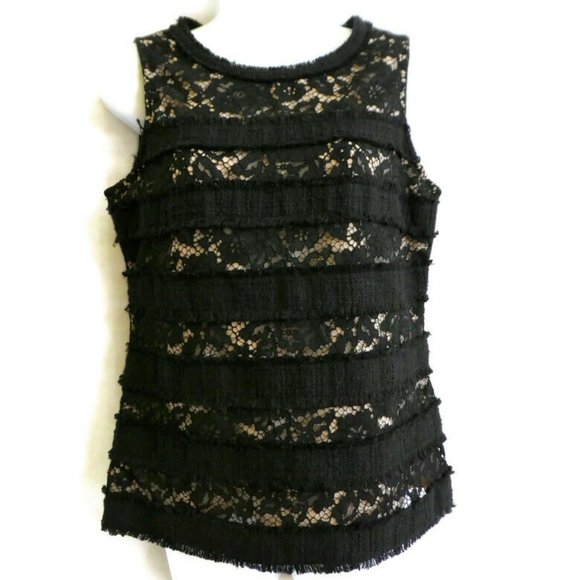 J Crew Top Fringy Lace Tweed Nude Lining Black S - Picture 2 of 11